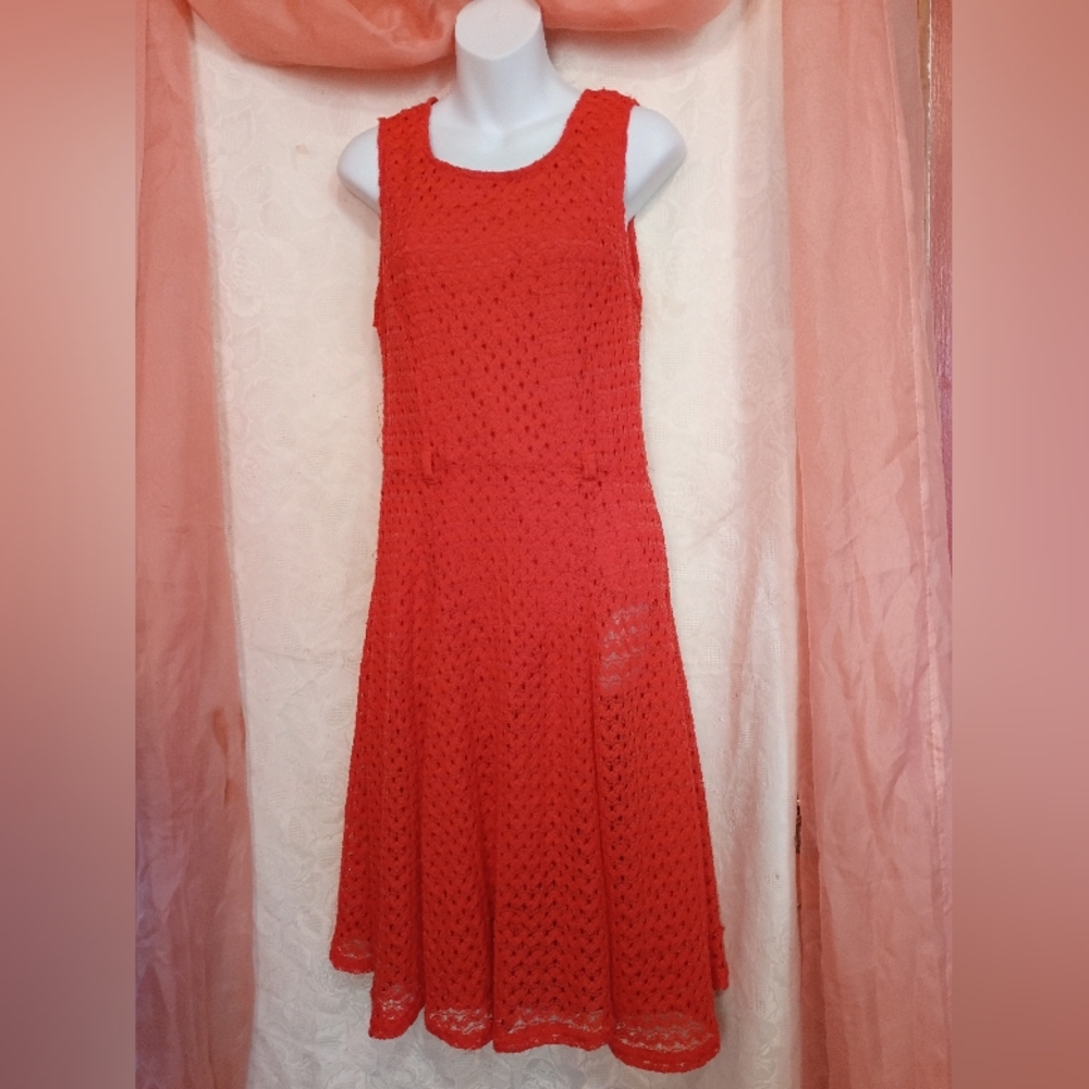 Sharagano Ladies Coral-Red Sleeveless Crochet Boho Dress Sz 10